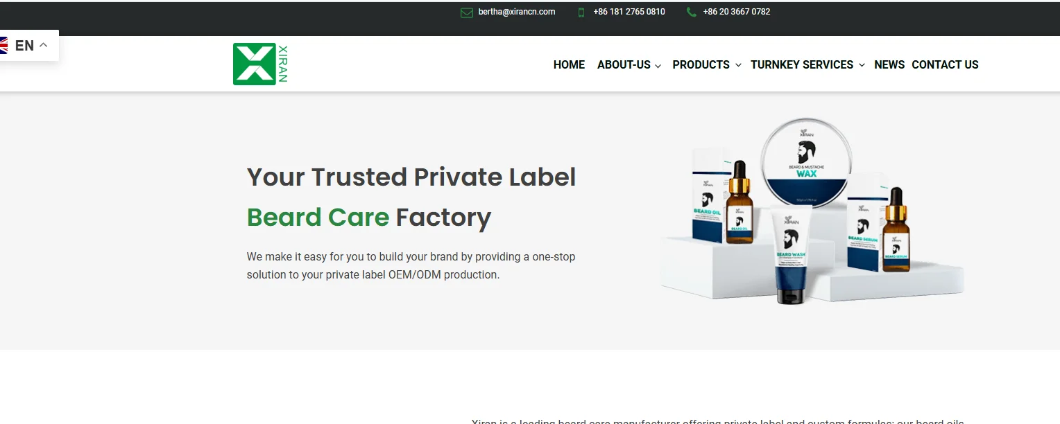Website banner for a private label beard care factory showcasing various beard products like oils and wax on display.